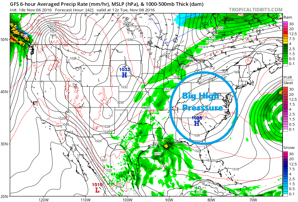 High pressure represented by a blue H usually brings tranquil weather with it. (Courtesy-Tropical Tidbits)