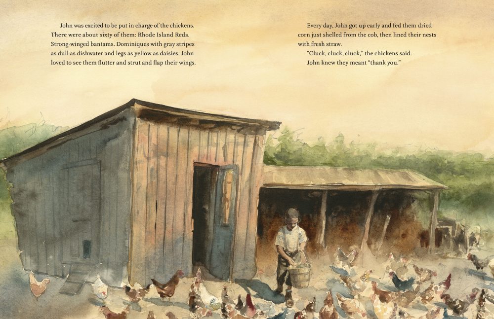Interior image of 'Preaching to the Chickens: The Story of Young John Lewis' written by Jabari Asim and illustrated by E. B. Lewis. (Courtesy Penguin Random House)