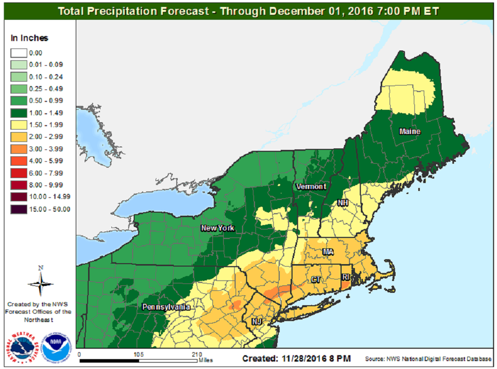 Rainfall could exceed two inches from two storm systems through Thursday morning (Courtesty NOAA)