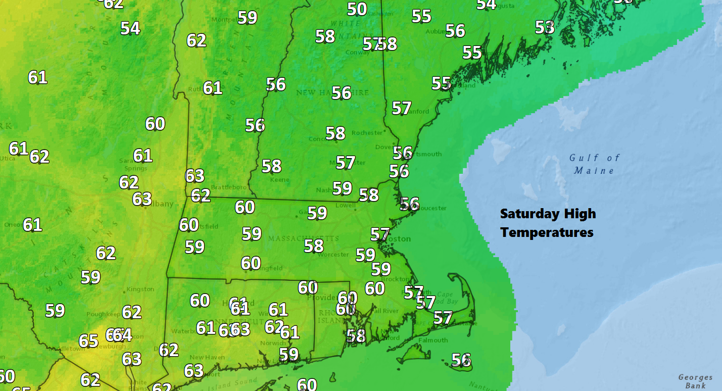 Highs Saturday will reach the 50s in all areas. (Dave Epstein/WBUR)
