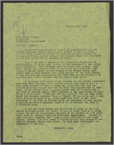 A 1948 letter from Cummings to Olive Israel (Courtesy of Albert and Shirley Small Special Collections Library, University of Virginia)