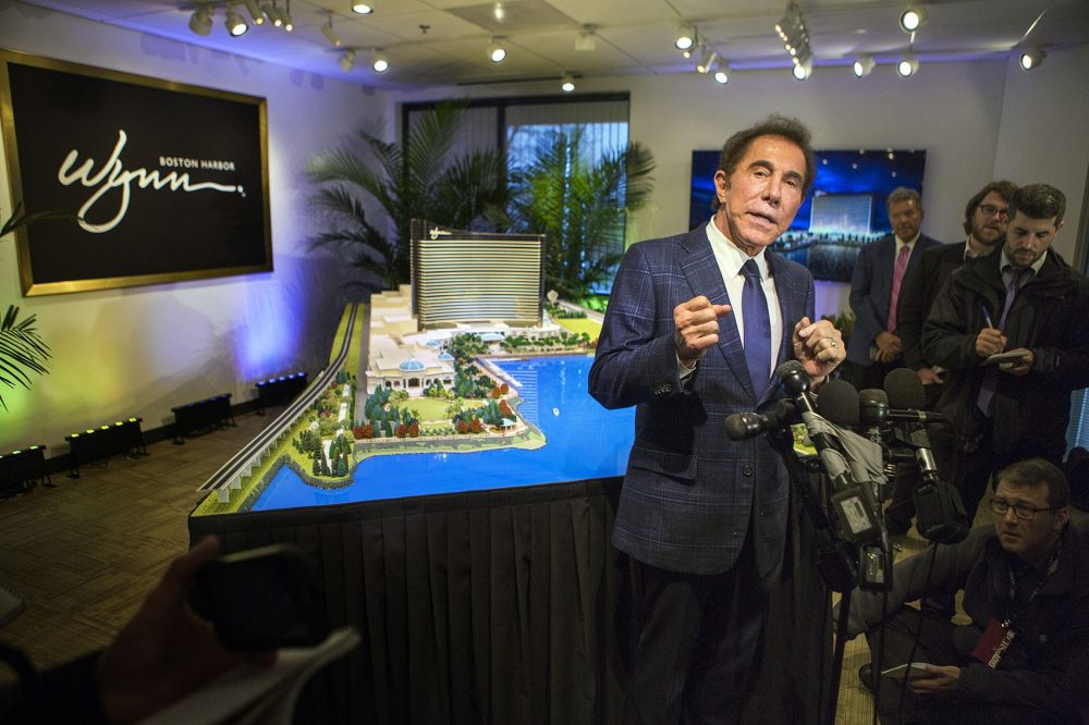 Casino mogul Steve Wynn speaks with the press about his casino project, now called Wynn Boston Harbor, in Everett. (Jesse Costa/WBUR)