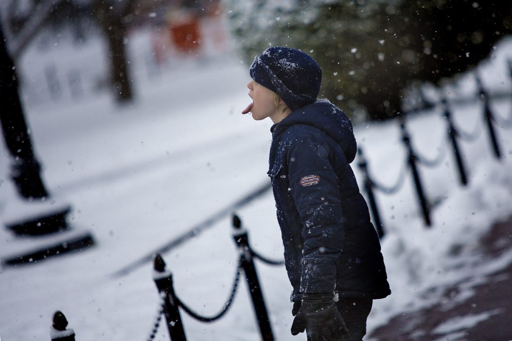 Leo Zavracky, 9, visiting from Dublin, Ireland, tries to catch snowflakes in mid-flight in the Boston Public Garden. (Jesse Costa/WBUR)