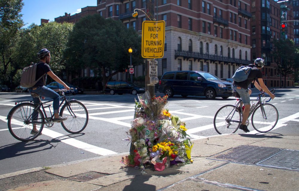 The road sign at the intersection of the fatal crash where Anita Kurmann was hit while riding her bike reads, &quot;Watch for Turning Vehicles.&quot; (Hadley Green for WBUR)