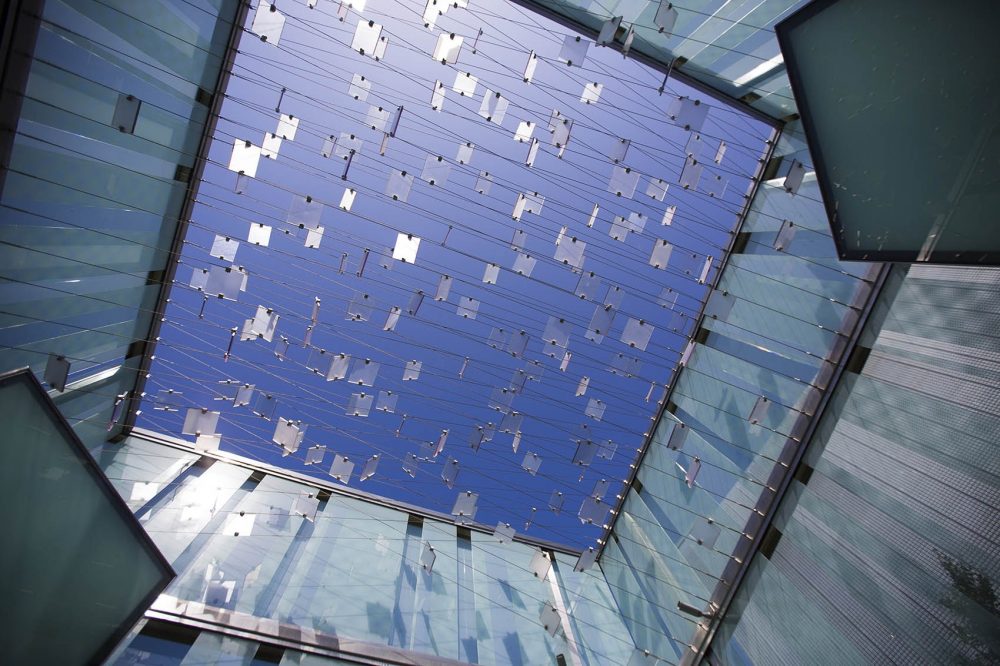 Looking up through the top of the 9/11 Memorial at Logan Airport. (Jesse Costa/WBUR)