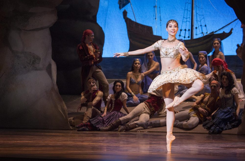 Seo Hye Han as Medora dances at the pirates' hideout. (Robin Lubbock/WBUR)