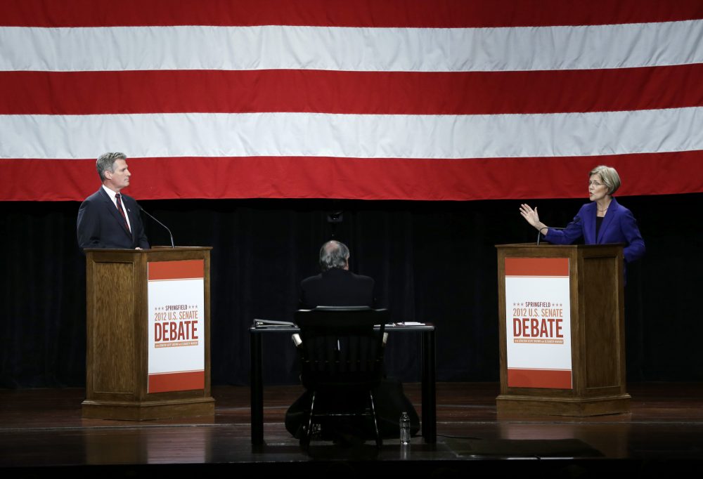In this 2012 photo, then-Democratic challenger Elizabeth Warren debates then-Republican incumbent Sen. Scott Brown in Springfield, Mass. (Elise Amendola/AP)
