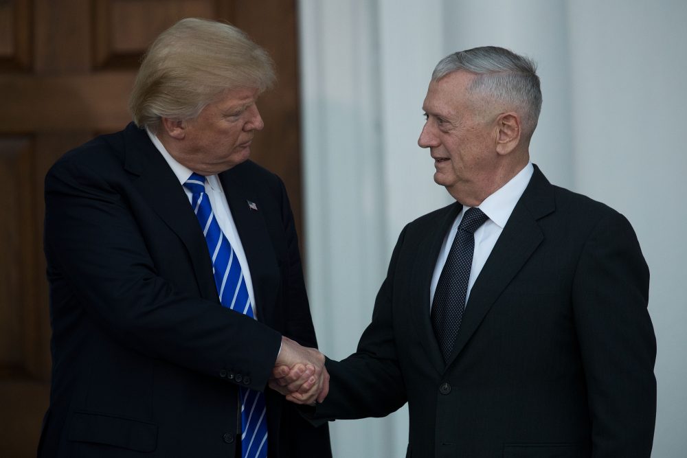 President-elect Donald Trump (left) shakes hands with his selection for defense secretary, retired U.S. Marine Gen. James Mattis, after their meeting at Trump International Golf Club, Nov. 19, 2016 in Bedminster Township, N.J. (Drew Angerer/Getty Images)