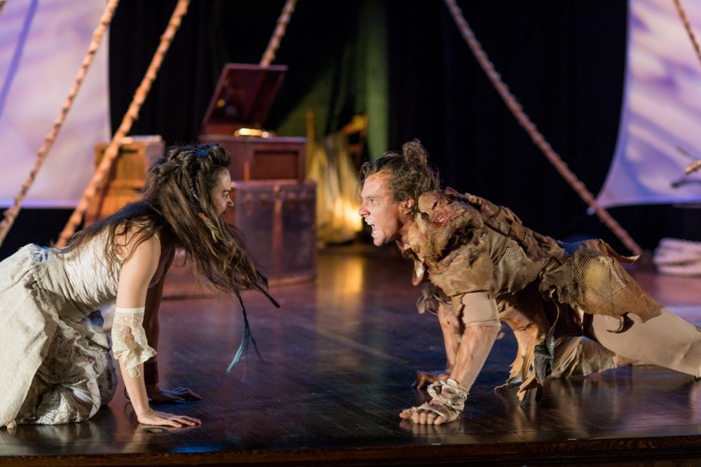 Miranda (Lydia Barnett-Mulligan) and Caliban (Jesse Hinson) take to the floor in the staging of &quot;The Tempest&quot; at Brookline's United Parish. (Courtesy Nile Scott Shots/Actors' Shakespeare Project)