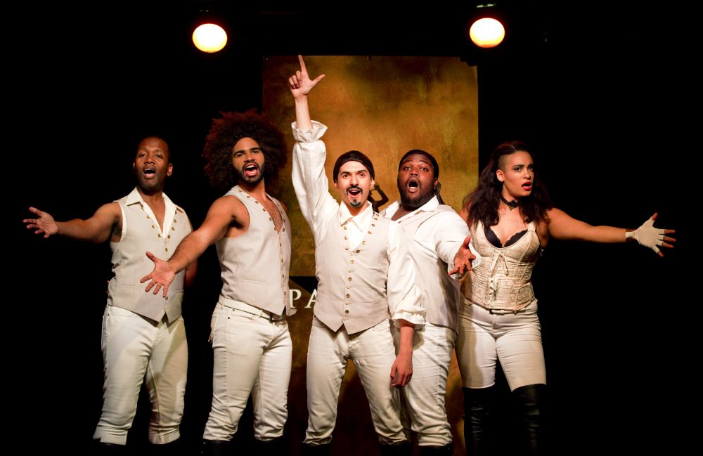 Chris Anthony Giles, Nicholas Edwards, Dan Rosales, Juwan Crawley and Nora Schell in a scene from &quot;Spamilton&quot; at the Triad (Carol Rosegg)