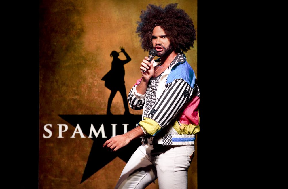 Nicholas Edwards playing &quot;Hamilton&quot; actor Daveed Diggs' character in a scene from &quot;Spamilton&quot; at the Triad. (Photo by Carol Rosegg)