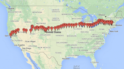 Wang's route, from Massachusetts to California. (Courtesy Zilong Wang)