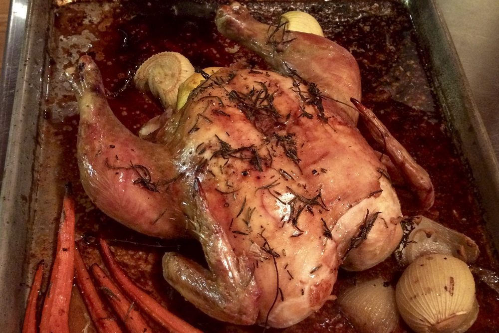 Kathy's roast chicken with lemon and roasted garlic-herb butter. (Kathy Gunst for Here &amp; Now)