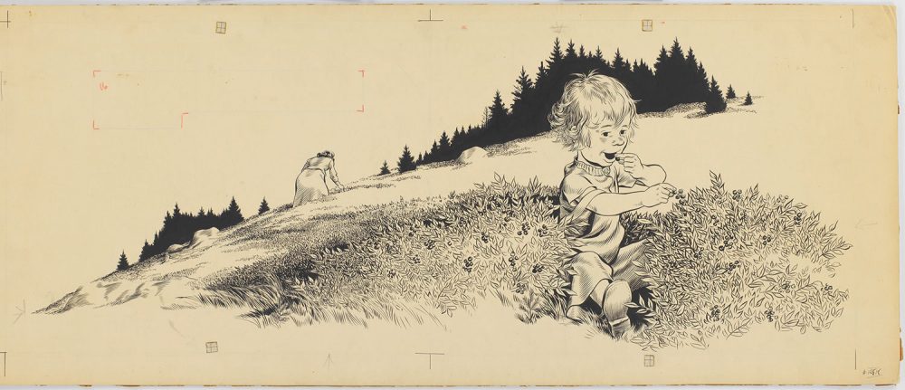 Drawing for &quot;Blueberries for Sal&quot;: “Her mother went back to her picking, but Little Sal . . . sat down in the middle of a large clump of bushes and ate blueberries.&quot; By Robert McCloskey, 1948, ink. (Courtesy Museum of Fine Arts, Boston)