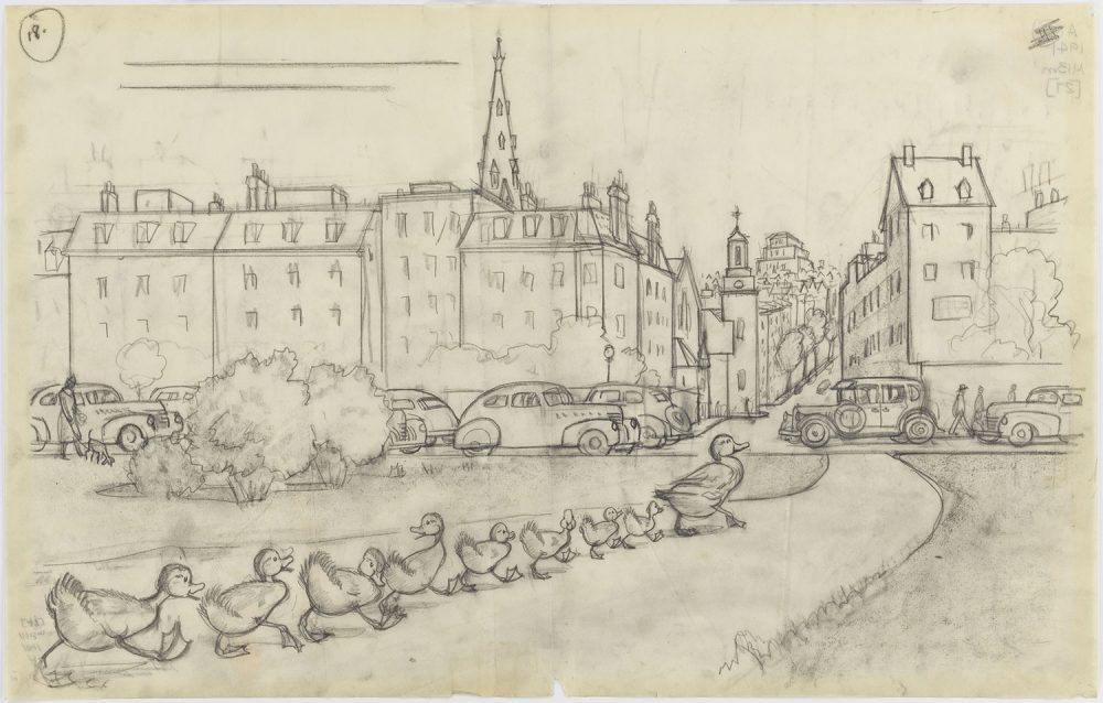 Drawing for &quot;Make Way for Ducklings&quot;: “There they waded ashore and waddled along till they came to the highway.&quot; By Robert McCloskey, 1941, graphite. (Courtesy Museum of Fine Arts, Boston)
