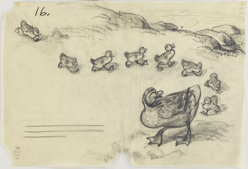 Drawing for &quot;Make Way for Ducklings&quot;: “She taught them to walk in a line, to come when they were called, and to keep a safe distance from bikes and scooters and other things with wheels.&quot; By Robert McCloskey, 1941, graphite. (Courtesy Museum of Fine Arts, Boston)