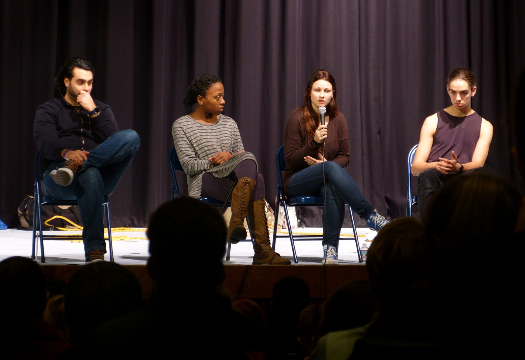 Actors Elie Saroufim, Elizabeth Addison, Abby E. and Jon R. (some of the players did not want their last names used in this story) on stage at Triton Regional High School. (Courtesy Lynn Bratley/The Improbable Players)