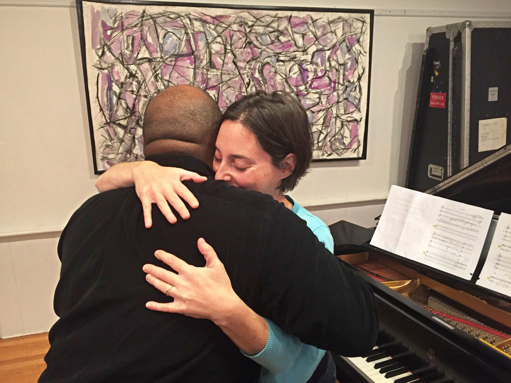 Holland and pianist Sarah Bob after their first reading of &quot;Synchrony.&quot; (Andrea Shea/WBUR)