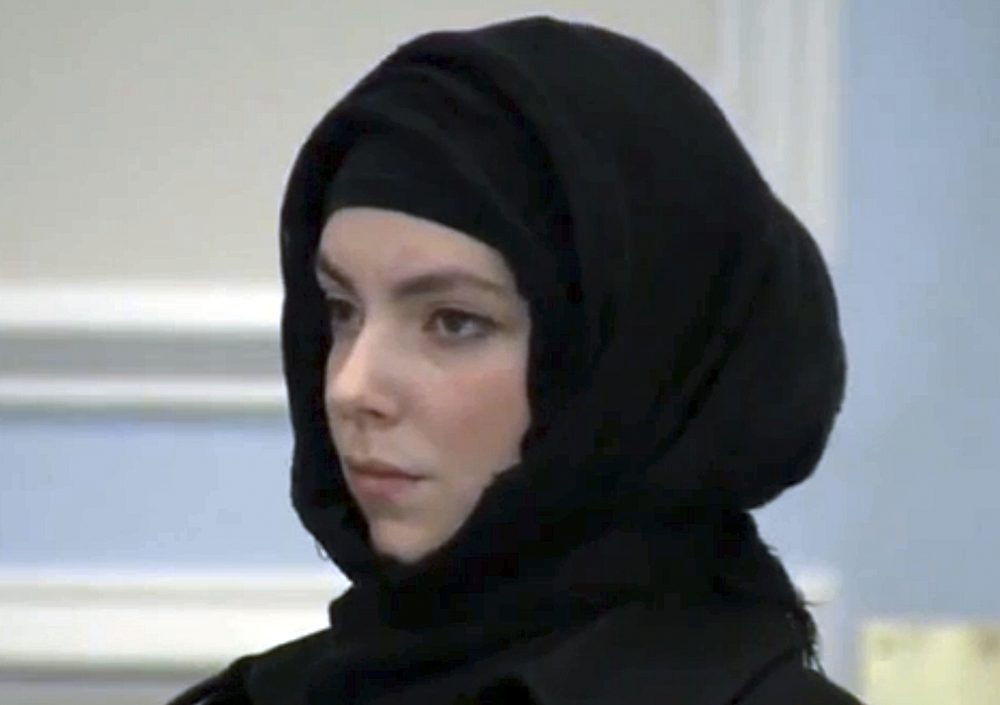 Katherine Russell, widow of Boston Marathon bombing suspect Tamerlan Tsarnaev, stands during a hearing in district court in 2014, in Wrentham, Mass. on driving charges. (AP file photo)