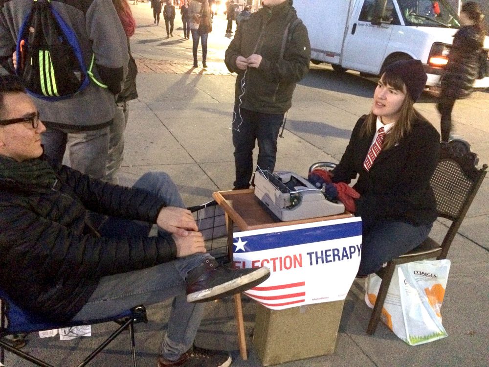 Julie Ann Otis offers &quot;Election Therapy&quot; outside Boston's Park Street MBTA station on Election Day, Nov. 8, 2016. (Courtesy Julie Ann Otis)