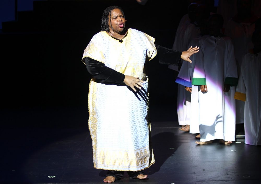 The cast of &quot;Black Nativity&quot; run through a dress rehearsal at the Paramount Center on Wednesday, Nov. 30. (Hadley Green for WBUR)