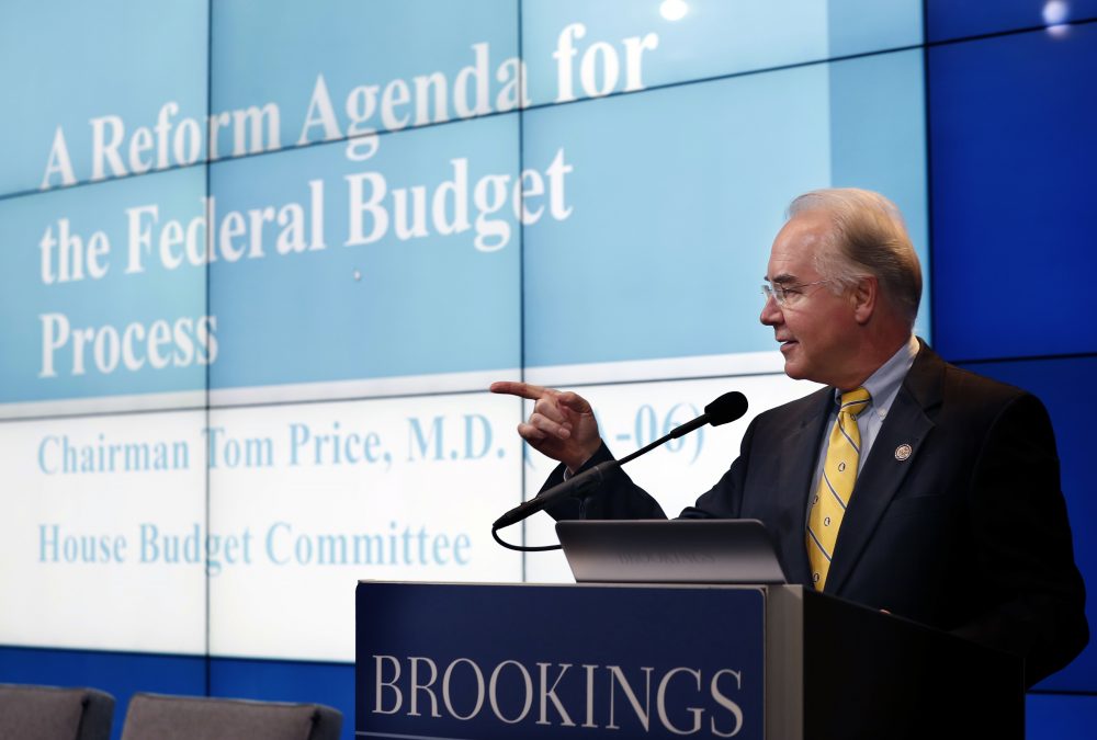 House Budget Committee Chairman Tom Price, R-Ga., President-elect Donald Trump's choice for Health and Human Services Secretary, gestures as he delivers a keynote address Wednesday in Washington. (Alex Brandon/AP)