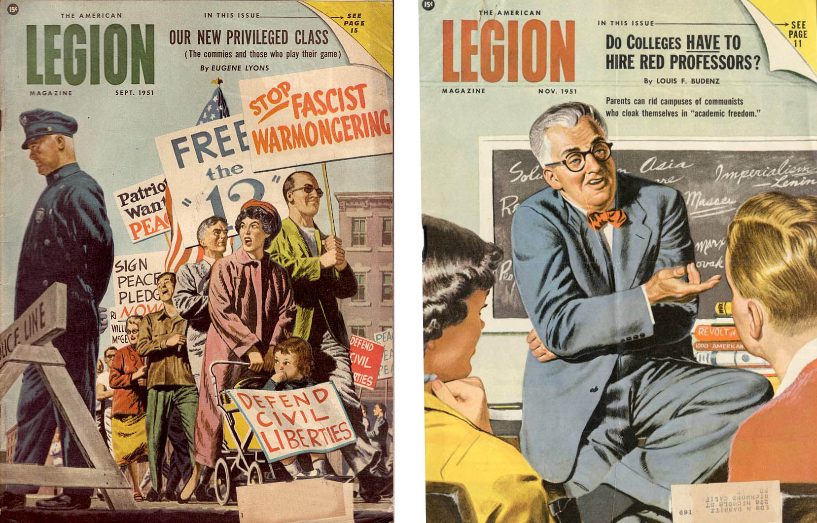 Two 1951 covers from the American Legion magazine depicting Communism and activism on campus. (Courtesy/Oregon State Libraries special collection)