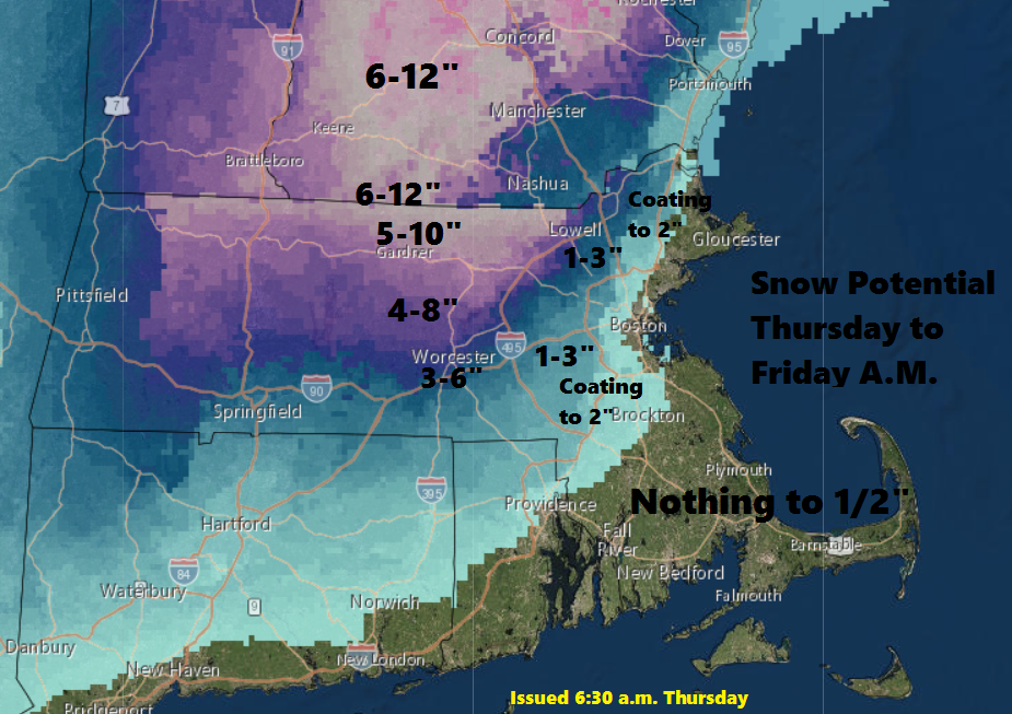  Snow will accumulate Thursday night over central and northern Massachusetts with less toward the coast. (Dave Epstein/WBUR)