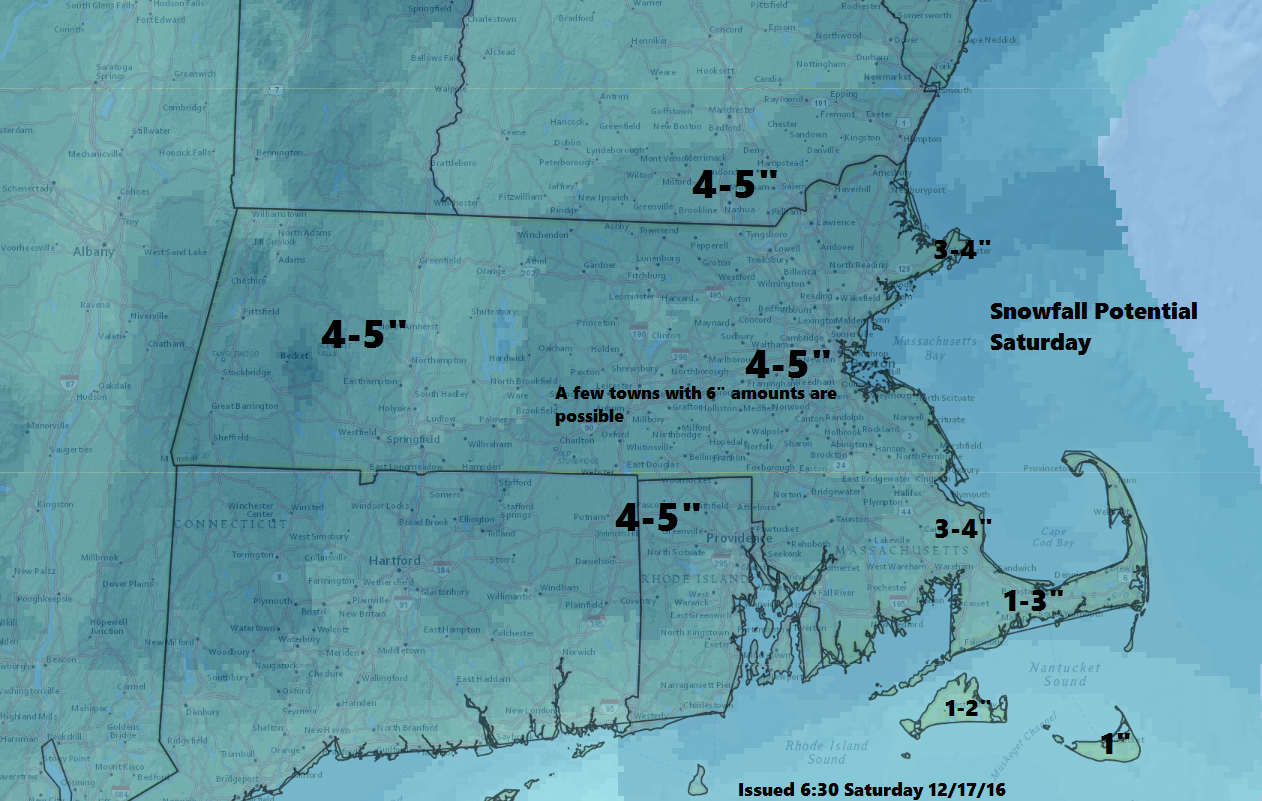 Snowfall will continue through the morning Saturday and pile up to 5 inches in many areas. (Dave Epstein/WBUR)