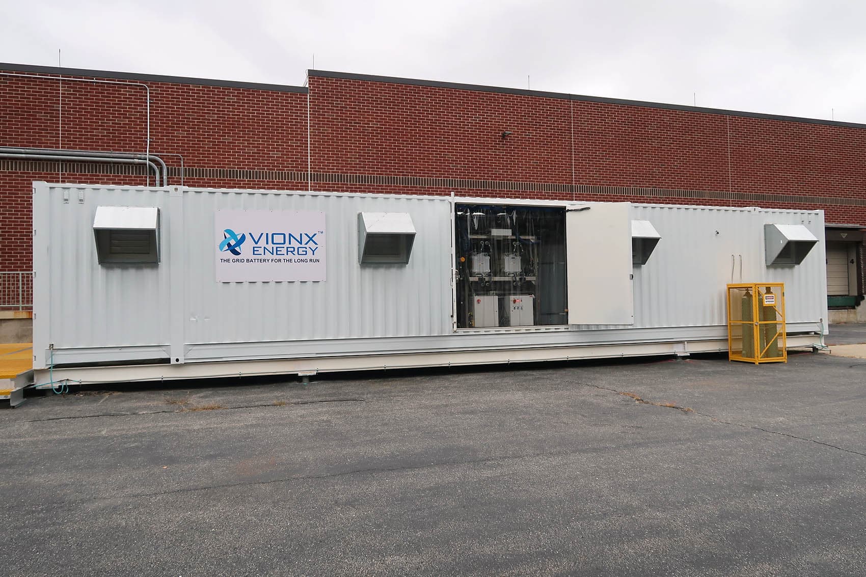 The Vionx vanadium redox flow battery which stores energy in liquid form behind the Army reserve at Fort Devens. (Bruce Gellerman/WBUR)