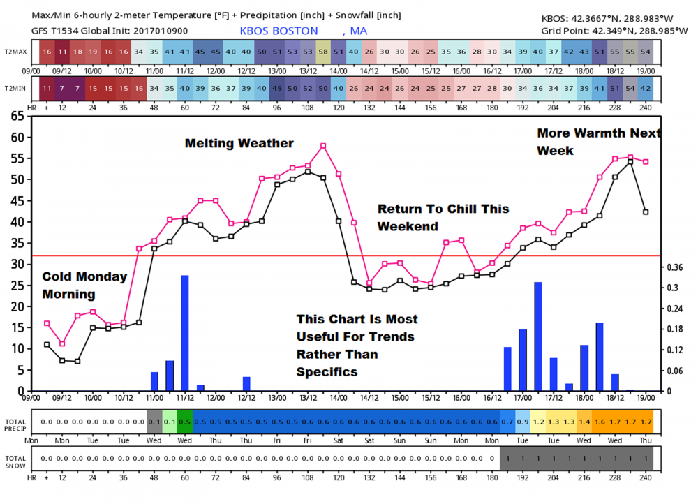 This meteogram from the GFS model shows a January thaw occurring this week. (Courtesy WeatherBell Analytics)