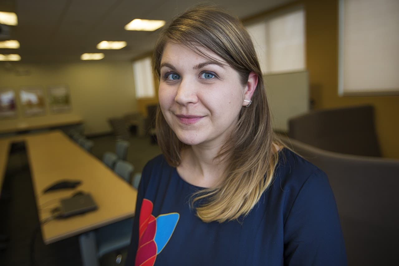 Sydney Chaffee, the 2017 Massachusetts Teacher of the Year, is one of the finalists for National Teacher of the Year. (Jesse Costa/WBUR)