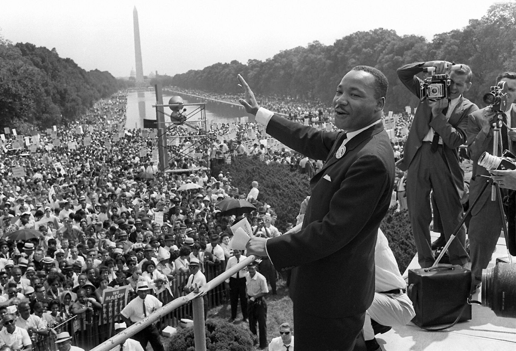 Martin Luther King Jr. waves to supporters from the steps of the Lincoln Memorial in Washington, D.C., during the March on Washington where King delivered his famous &quot;I Have a Dream&quot; speech on Aug. 28, 1963. (AFP/Getty Images)