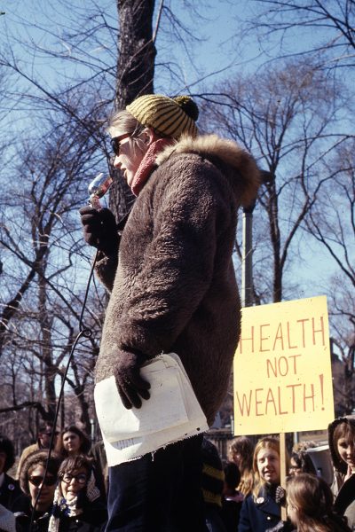 A demonstrator addresses the crowd at the 1970 International Women's Day march on the Boston Common. (Courtesy Liane Brandon)