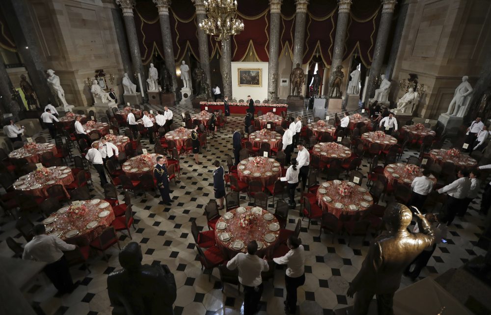 Statuary Hall in the Capitol is set for a luncheon with the newly sworn in president and vice president on Friday. (Manuel Balce Ceneta/AP)