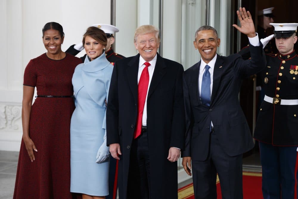 President Barack Obama and First Lady Michelle Obama stand with President-elect Donald Trump and his wife Melania Trump at the White House Friday morning. (Evan Vucci/AP)