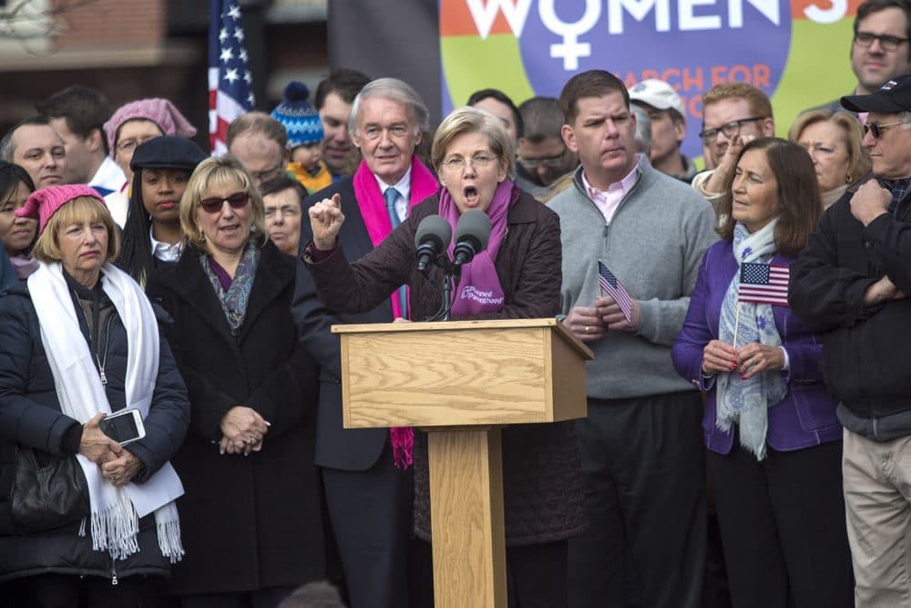 Sen. Elizabeth Warren fires up the crowd in Boston. (Jesse Costa/WBUR)