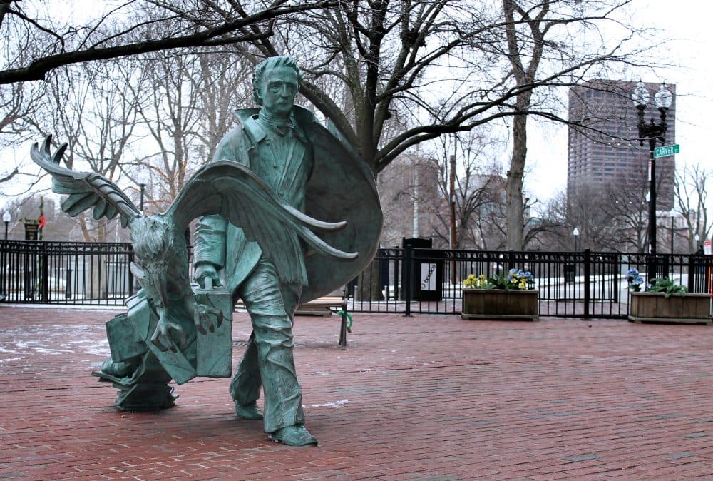 The Edgar Allan Poe statue on the corner of Boylston Street and Charles Street in downtown Boston. (Amy Gorel/WBUR)