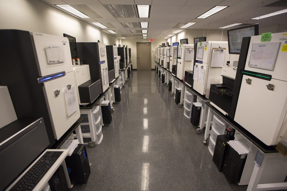 The Broad Institute’s 50 DNA sequencing machines run non-stop, making it one of the most active sequencing sites in the world. (Jesse Costa/WBUR)