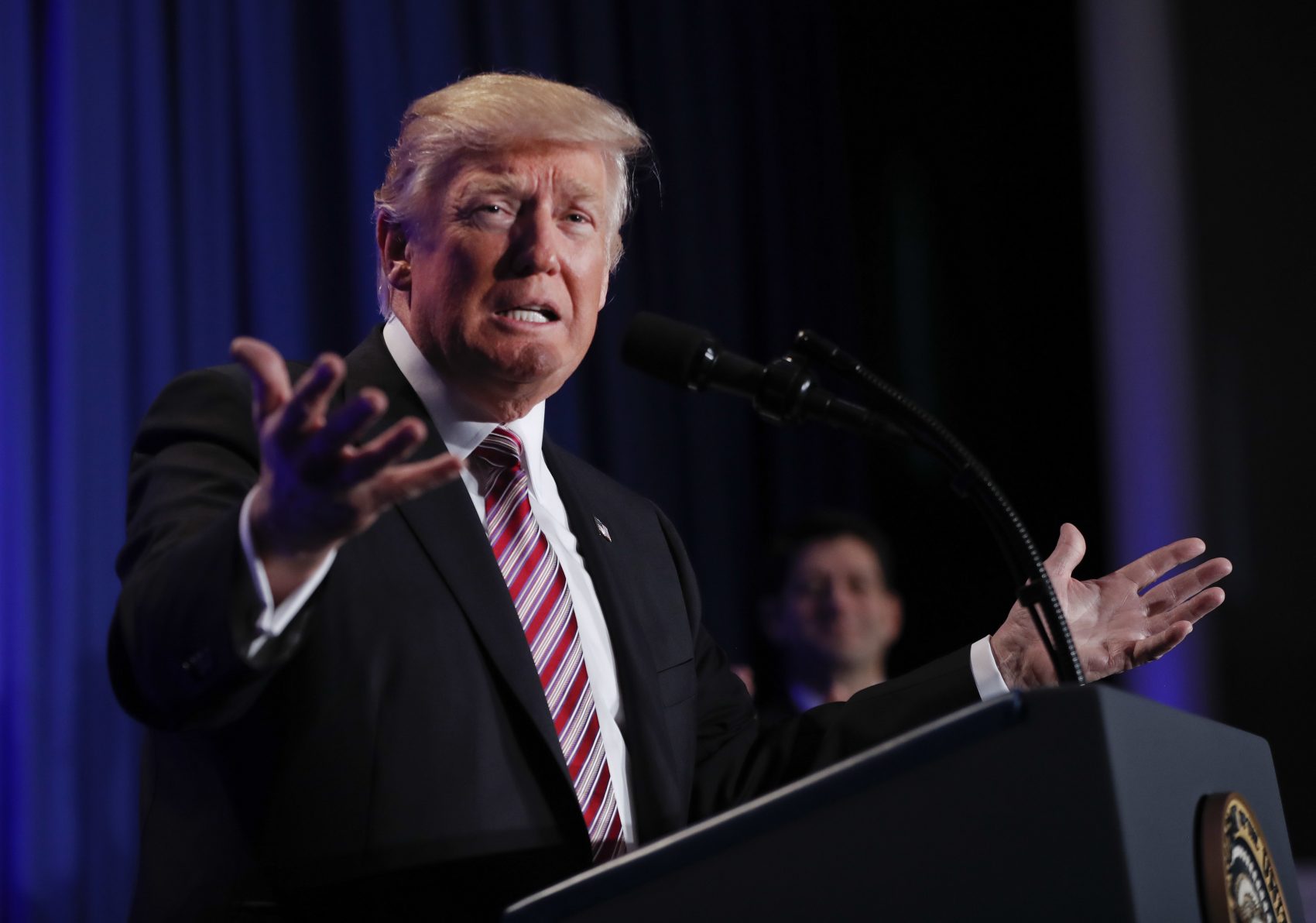 President Donald Trump speaks at the House and Senate GOP lawmakers at the annual policy retreat in Philadelphia, Thursday, Jan. 26, 2017. (Pablo Martinez Monsivais/AP)