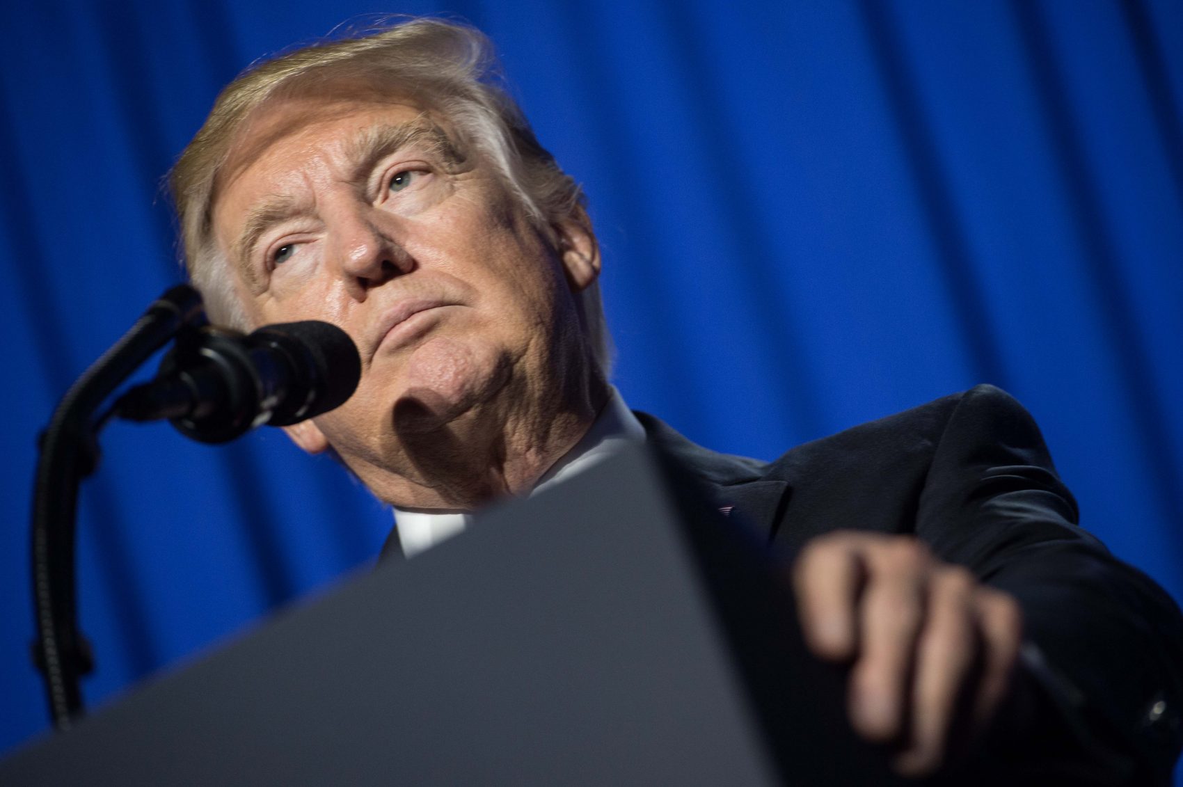 President Donald Trump speaks to staff at the Department of Homeland Security in Washington on Jan. 25, 2017. (Nicholas Kamm/AFP/Getty Images)