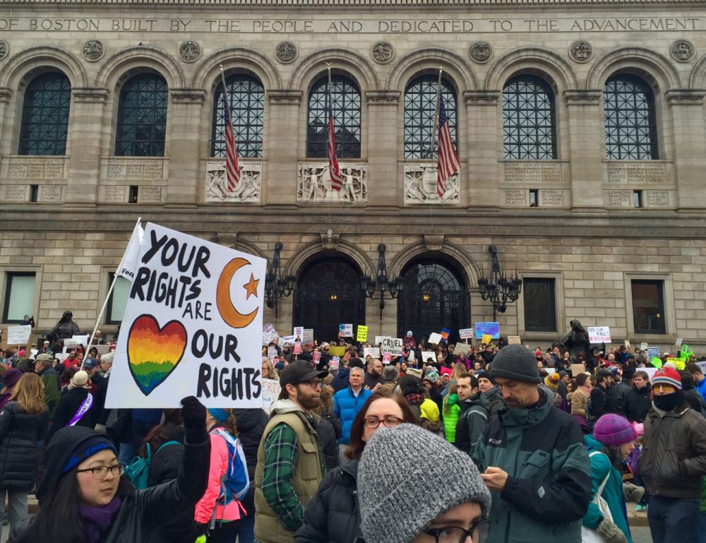 Crowds near Boston Public Library in Copley Square. (Amy Gorel/WBUR)