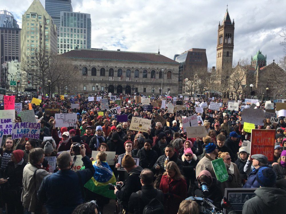 Crowds gather in Copley Square protesting President Trump's executive order on immigration. (Jesse Costa/WBUR)