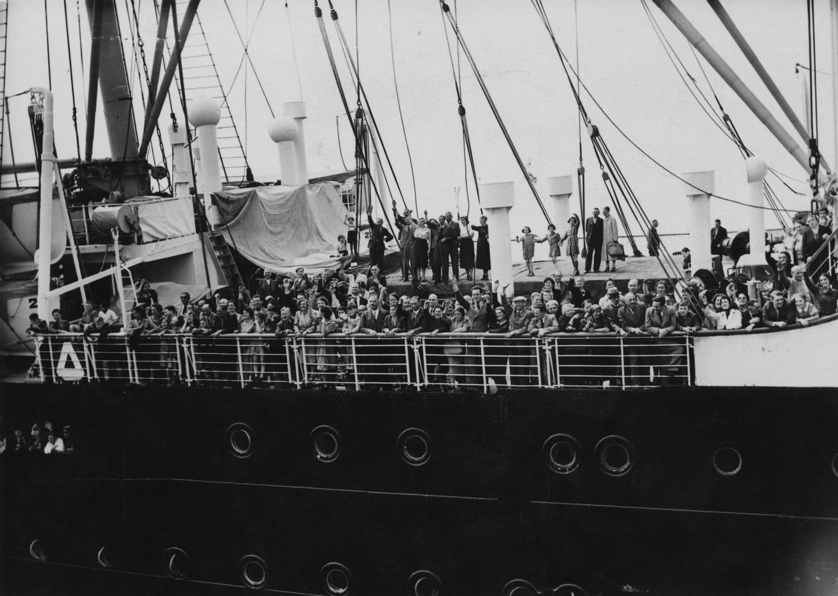 Refugees arrive in Antwerp on the MS St. Louis on June 17, 1939, after over a month at sea, during which they were denied entry to Cuba, the United States and Canada. The St. Louis had originally sailed from Hamburg to Cuba, carrying over 937 mainly German-Jewish refugees from Nazi persecution. (Three Lions/Hulton Archive/Getty Images)