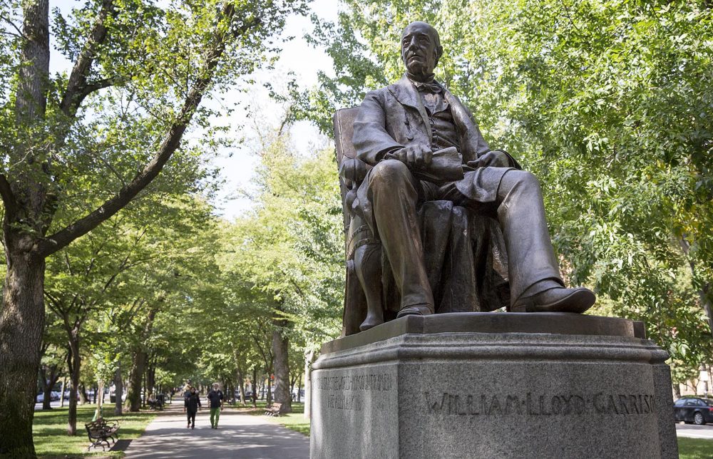 This statue of William Lloyd Garrison is located on Commonwealth Avenue, between Dartmouth St. and Exeter St., in Boston. 
(Robin Lubbock/WBUR) 