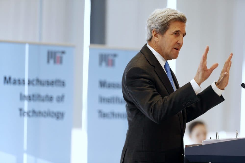 Secretary of State John Kerry speaks during a conference on climate change and innovation in clean energy at MIT in Cambridge Monday. (Michael Dwyer/AP)