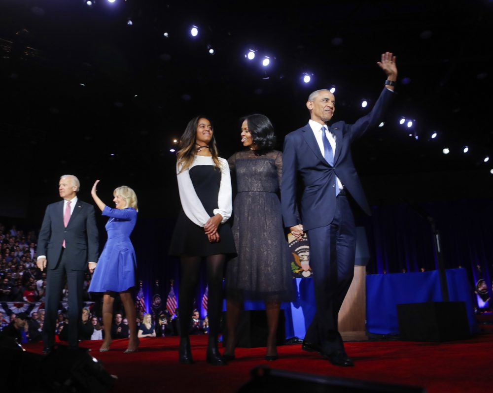 President Obama waves to the crowd following his farewell speech from Chicago Tuesday night, along side First Lady Michelle Obama, daughter Malia, Vice President Joe Biden and his wife Jill Biden. (Pablo Martinez Monsivais/AP)