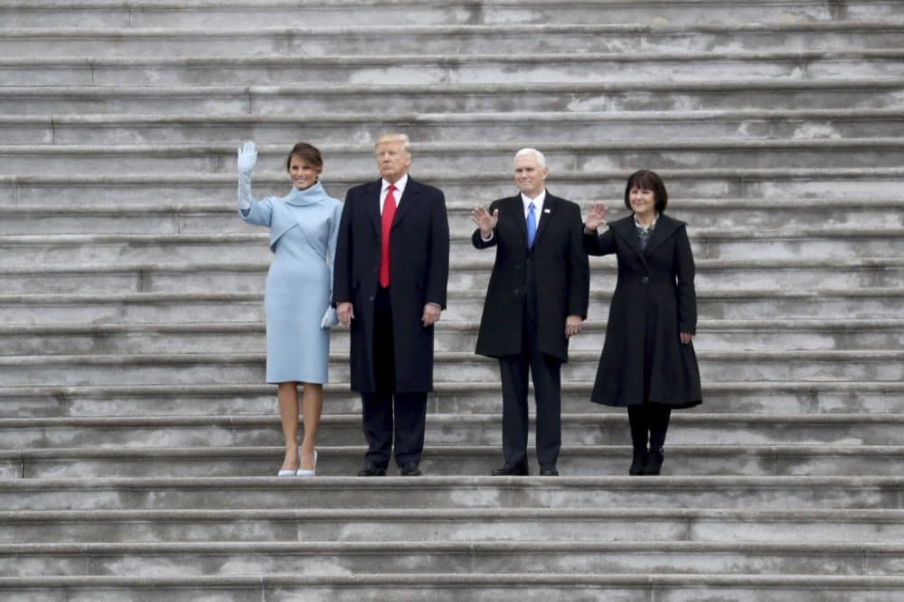 From left, First Lady Melania Trump, President Donald Trump, Vice President Mike Pence and Karen Pence wave to former President Obama and Michelle Obama. (Rob Carr/AP)