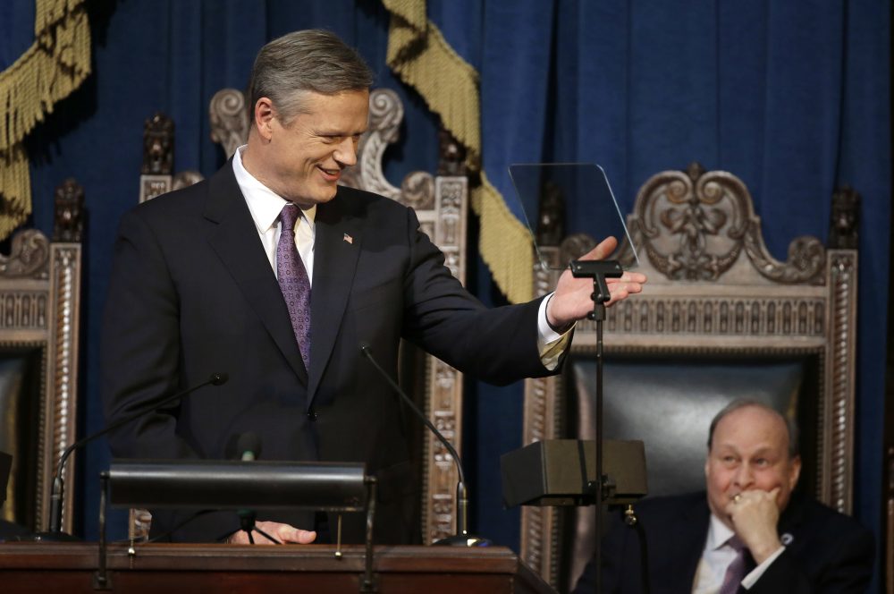 Republican Gov. Charlie Baker gives his State of the State address in the House chamber Tuesday. /Steven Senne/AP)
