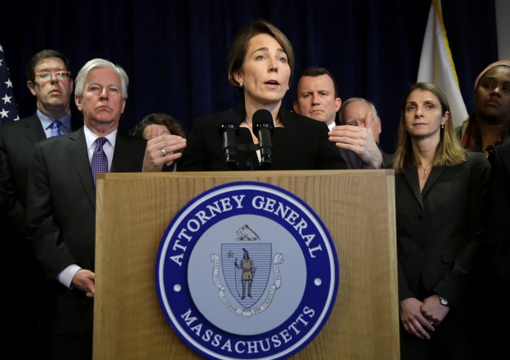 Massachusetts Attorney General Maura Healey takes questions from reporters during a news conference Tuesday during which she announced her office would join a lawsuit filed by the ACLU challenging President Trump's executive order on immigration. (Steven Senne/AP)